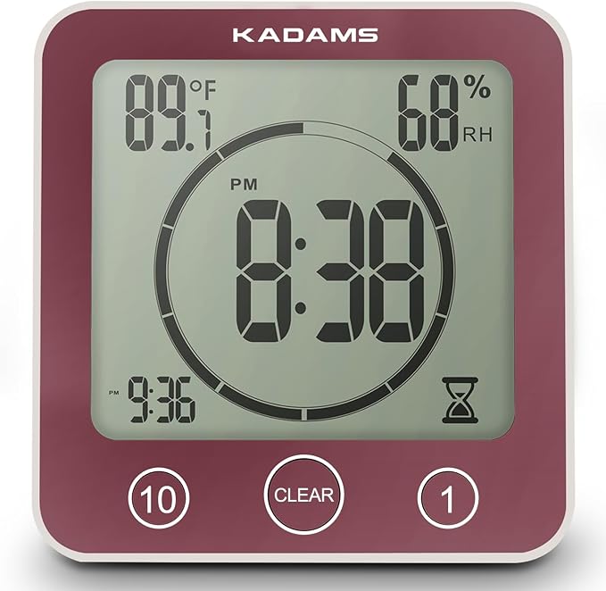 KADAMS Digital Bathroom Shower Kitchen Wall Clock Timer with Alarm, Waterproof for Water Spray, Touch Screen Timer, Temperature Humidity, Suction Cup Hanging Hole Stand - Terra Rose