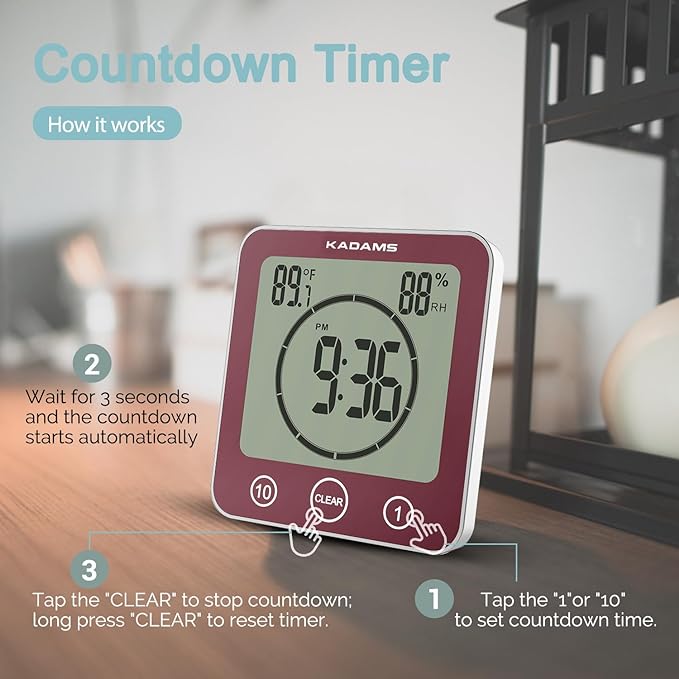 KADAMS Digital Bathroom Shower Kitchen Wall Clock Timer with Alarm, Waterproof for Water Spray, Touch Screen Timer, Temperature Humidity, Suction Cup Hanging Hole Stand - Terra Rose