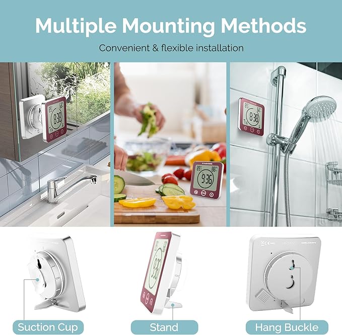 KADAMS Digital Bathroom Shower Kitchen Wall Clock Timer with Alarm, Waterproof for Water Spray, Touch Screen Timer, Temperature Humidity, Suction Cup Hanging Hole Stand - Terra Rose