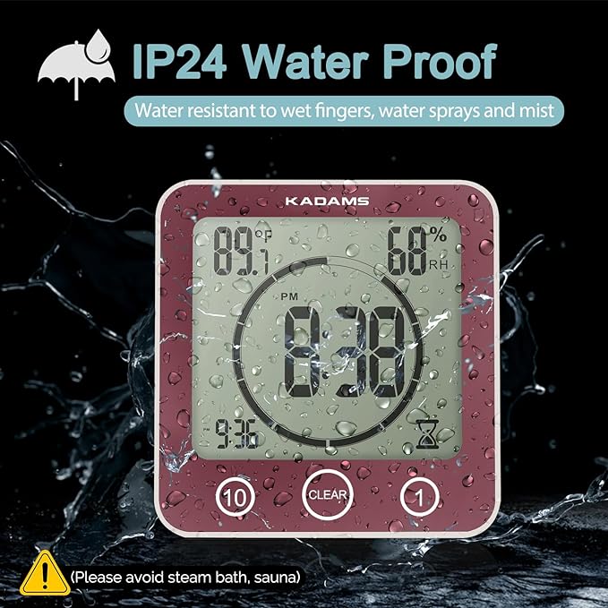 KADAMS Digital Bathroom Shower Kitchen Wall Clock Timer with Alarm, Waterproof for Water Spray, Touch Screen Timer, Temperature Humidity, Suction Cup Hanging Hole Stand - Terra Rose