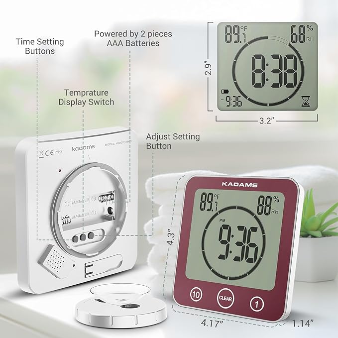 KADAMS Digital Bathroom Shower Kitchen Wall Clock Timer with Alarm, Waterproof for Water Spray, Touch Screen Timer, Temperature Humidity, Suction Cup Hanging Hole Stand - Terra Rose