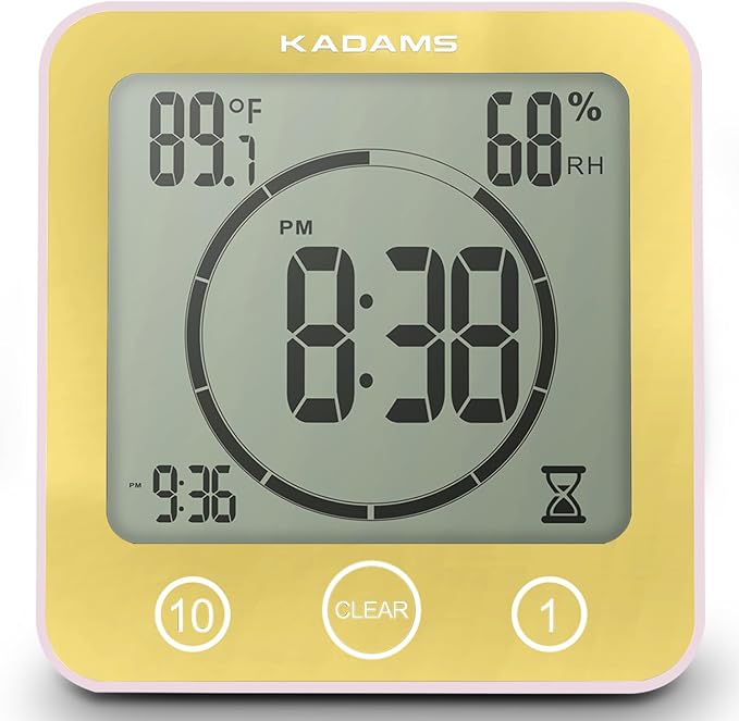 KADAMS Digital Bathroom Shower Kitchen Wall Clock Timer with Alarm, Waterproof for Water Spray, Touch Screen Timer, Temperature Humidity, Suction Cup Hanging Hole Stand - Yellow