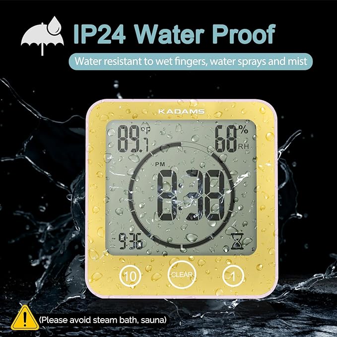 KADAMS Digital Bathroom Shower Kitchen Wall Clock Timer with Alarm, Waterproof for Water Spray, Touch Screen Timer, Temperature Humidity, Suction Cup Hanging Hole Stand - Yellow