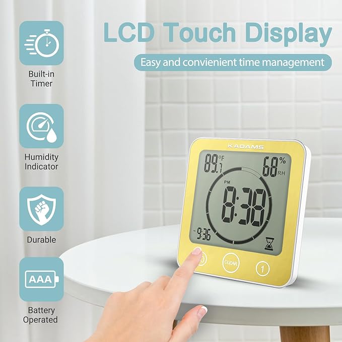KADAMS Digital Bathroom Shower Kitchen Wall Clock Timer with Alarm, Waterproof for Water Spray, Touch Screen Timer, Temperature Humidity, Suction Cup Hanging Hole Stand - Yellow