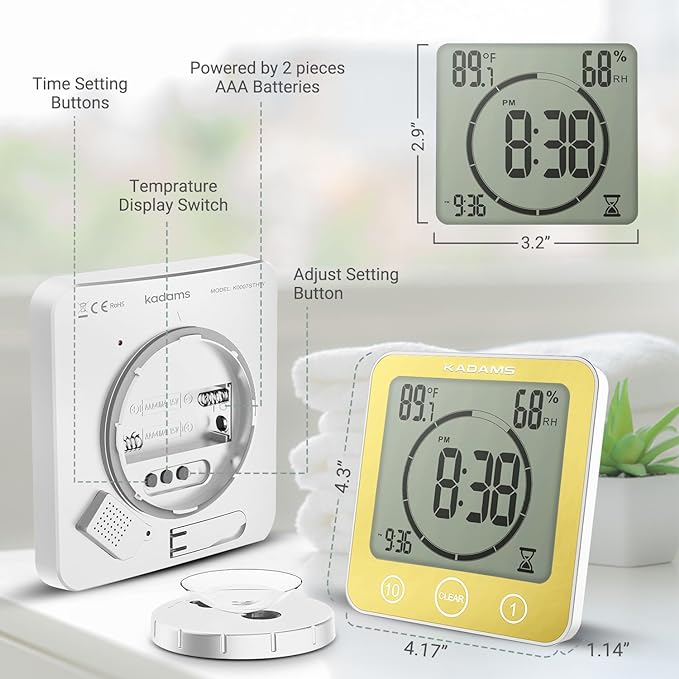 KADAMS Digital Bathroom Shower Kitchen Wall Clock Timer with Alarm, Waterproof for Water Spray, Touch Screen Timer, Temperature Humidity, Suction Cup Hanging Hole Stand - Yellow