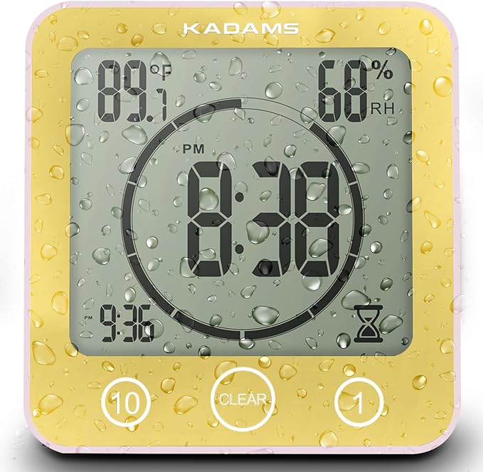 KADAMS Digital Bathroom Shower Kitchen Wall Clock Timer with Alarm, Waterproof for Water Spray, Touch Screen Timer, Temperature Humidity, Suction Cup Hanging Hole Stand - Yellow