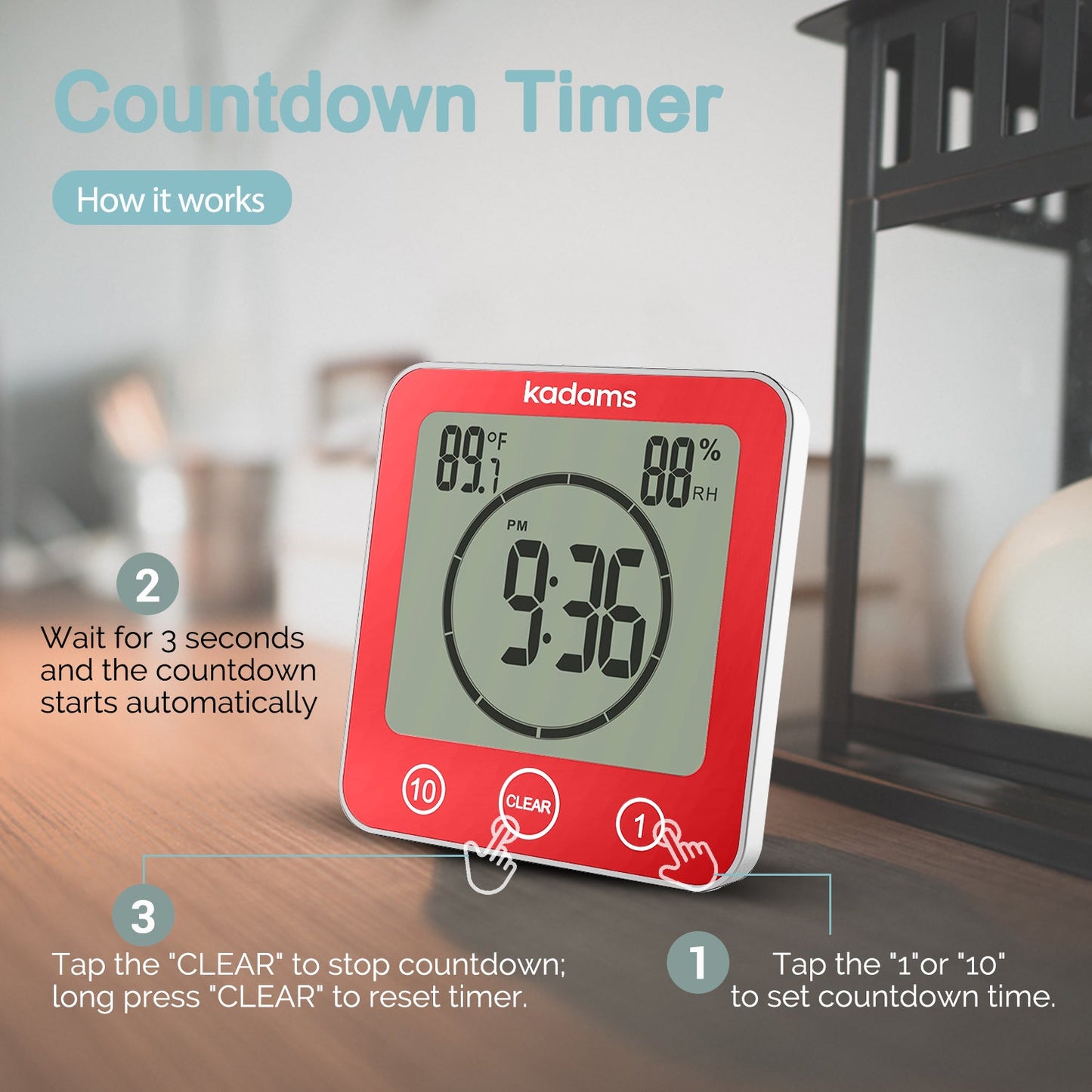 KADAMS Digital Bathroom Shower Kitchen Clock Timer with Alarm, Waterproof for Water Splashes, Visual Countdown Timer, Time Management Tool, Indoor Temperature Humidity, Suction Cup, Hole Stand - Red
