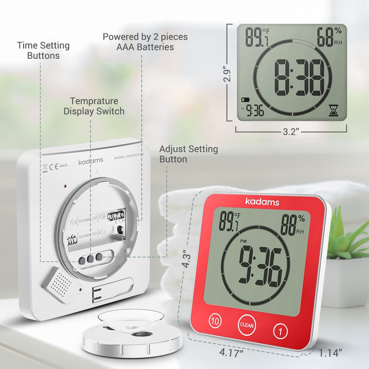 KADAMS Digital Bathroom Shower Kitchen Clock Timer with Alarm, Waterproof for Water Splashes, Visual Countdown Timer, Time Management Tool, Indoor Temperature Humidity, Suction Cup, Hole Stand - Red