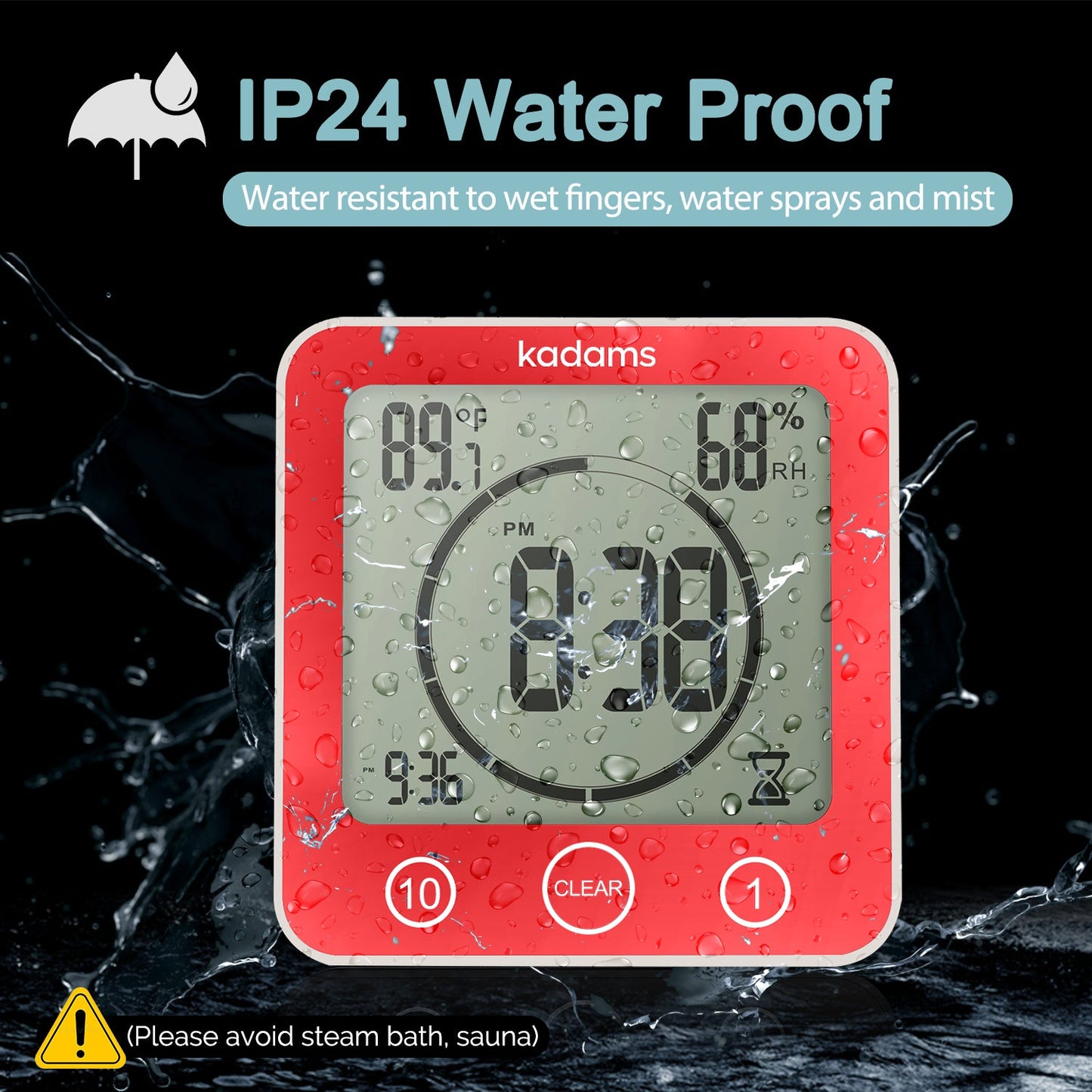 KADAMS Digital Bathroom Shower Kitchen Clock Timer with Alarm, Waterproof for Water Splashes, Visual Countdown Timer, Time Management Tool, Indoor Temperature Humidity, Suction Cup, Hole Stand - Red