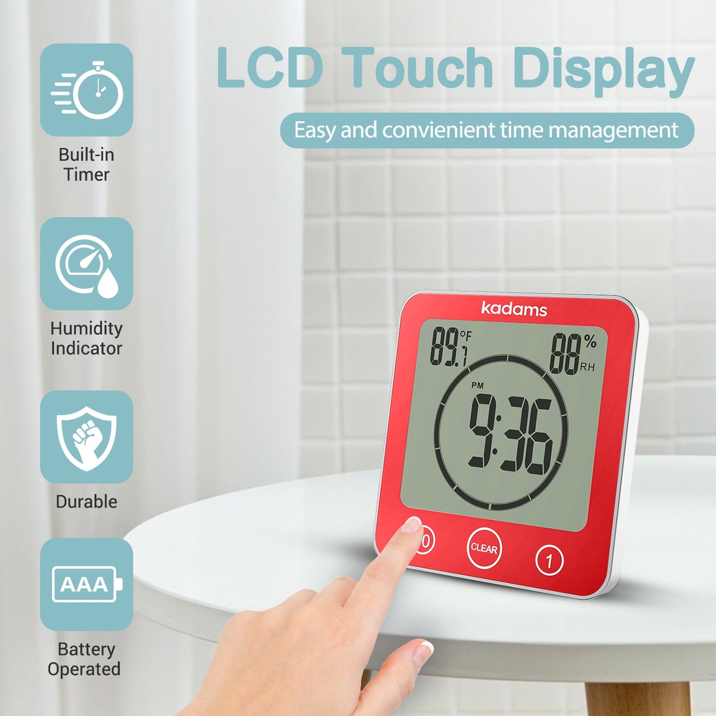 KADAMS Digital Bathroom Shower Kitchen Clock Timer with Alarm, Waterproof for Water Splashes, Visual Countdown Timer, Time Management Tool, Indoor Temperature Humidity, Suction Cup, Hole Stand - Red