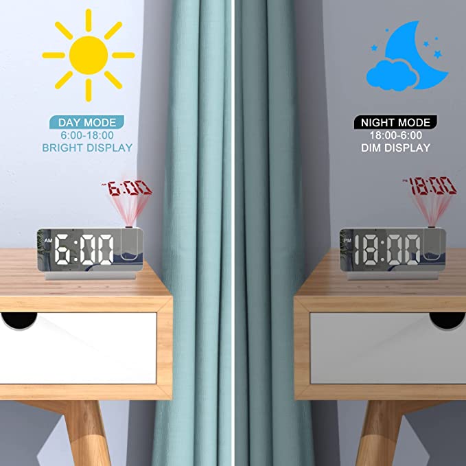 KADAMS Projection Alarm Clock for Bedroom Ceiling & Wall, 180¡ã Projection, Large Mirror LED Screen, 2 USB Charging Ports, Loud Dual Alarm Clock & Snooze, Date, Time & Temperature Display (Black)