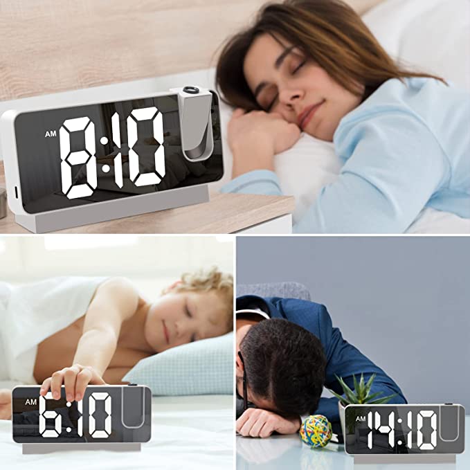 KADAMS Projection Alarm Clock for Bedroom Ceiling & Wall, 180¡ã Projection, Large Mirror LED Screen, 2 USB Charging Ports, Loud Dual Alarm Clock & Snooze, Date, Time & Temperature Display (Black)