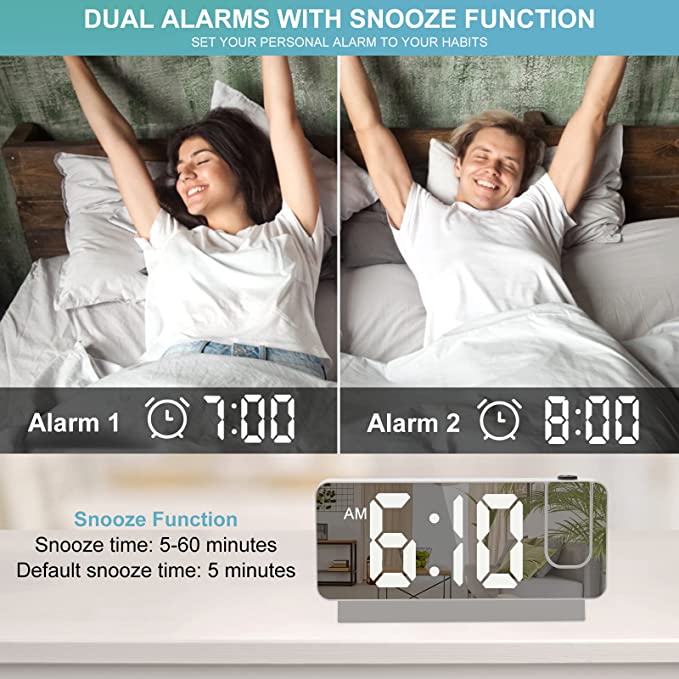KADAMS Projection Alarm Clock for Bedroom Ceiling & Wall, 180¡ã Projection, Large Mirror LED Screen, 2 USB Charging Ports, Loud Dual Alarm Clock & Snooze, Date, Time & Temperature Display (Black)