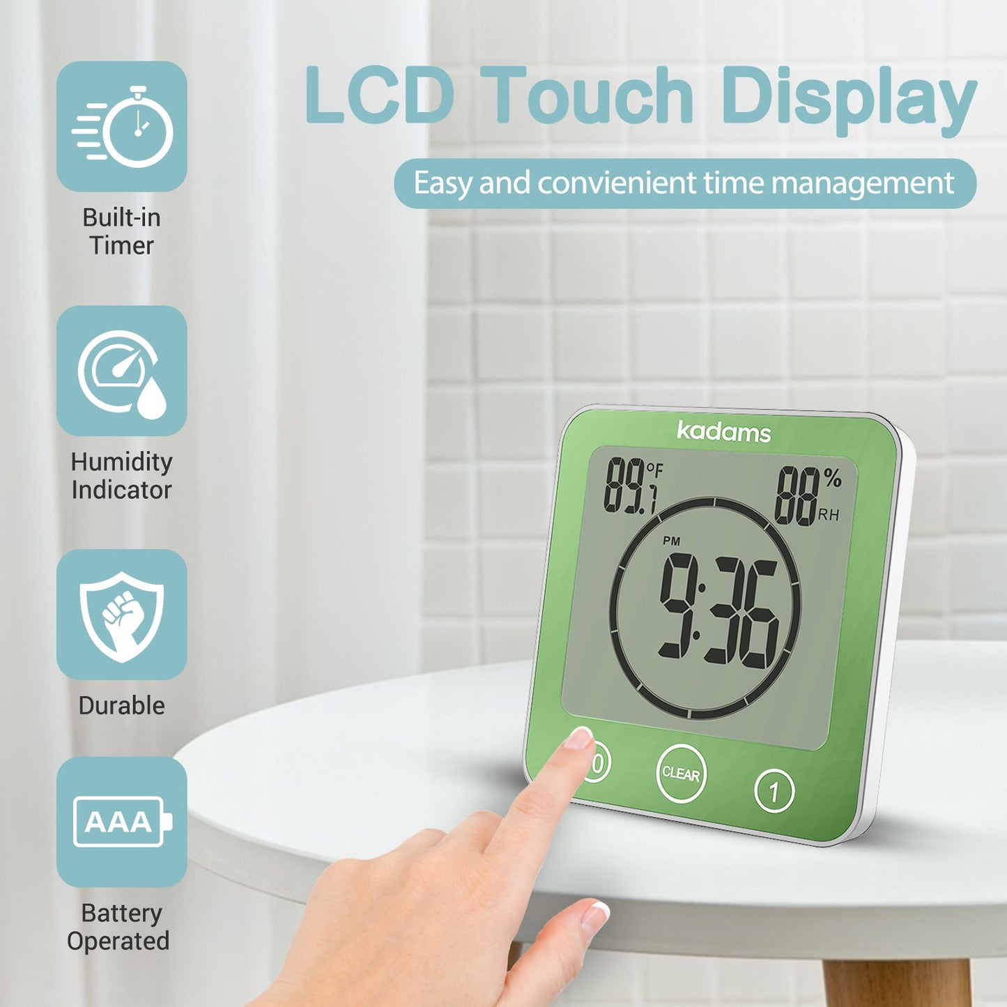 KADAMS Digital Bathroom Shower Kitchen Clock Timer with Alarm, Waterproof for Water Splashes, Visual Countdown Timer, Time Management Tool, Indoor Temperature Humidity, Suction Cup, Hole Stand - Green