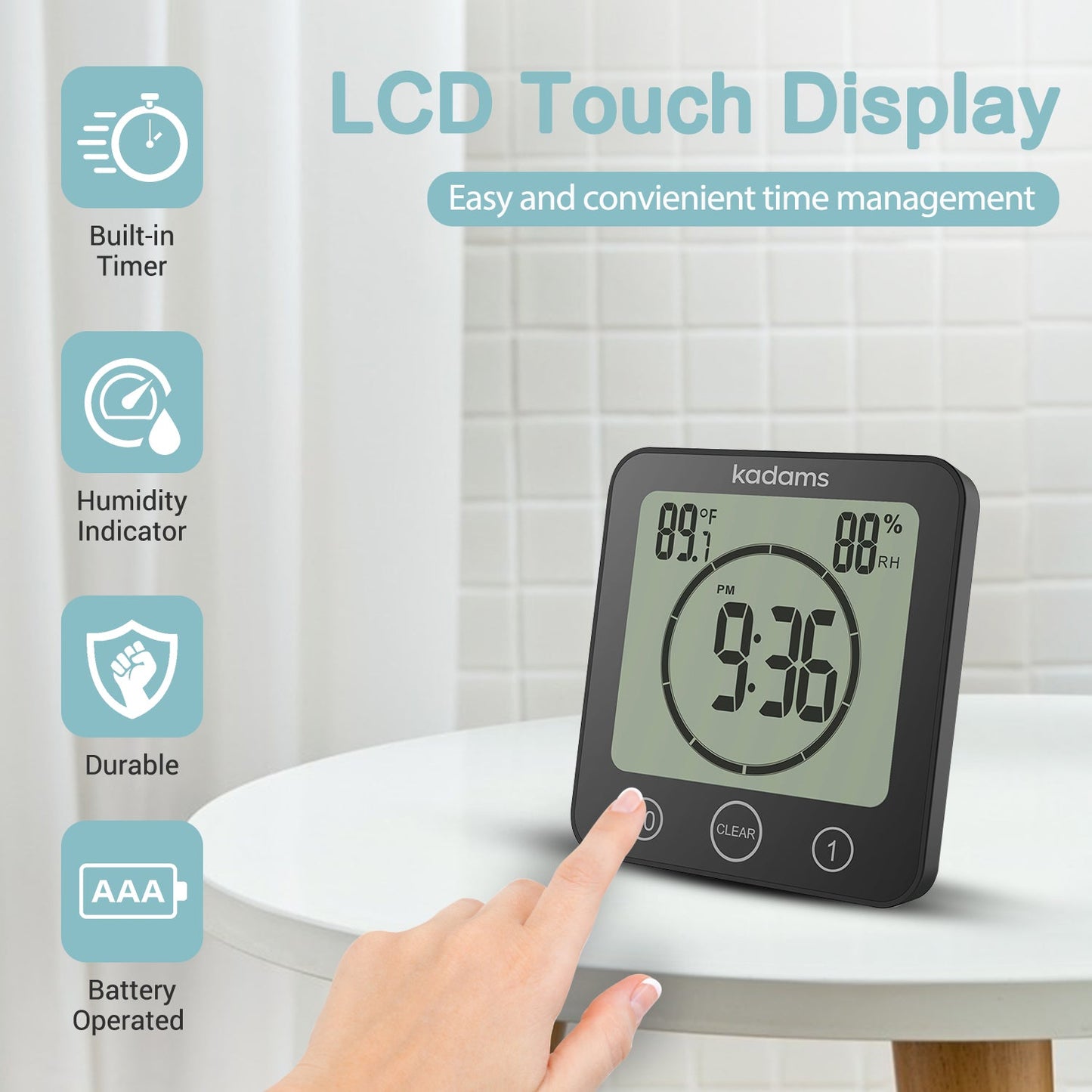KADAMS Digital Bathroom Shower Kitchen Wall Clock Timer with Alarm, Waterproof for Water Spray, Touch Screen Timer, Temperature Humidity, Suction Cup Hanging Hole Stand (Black)