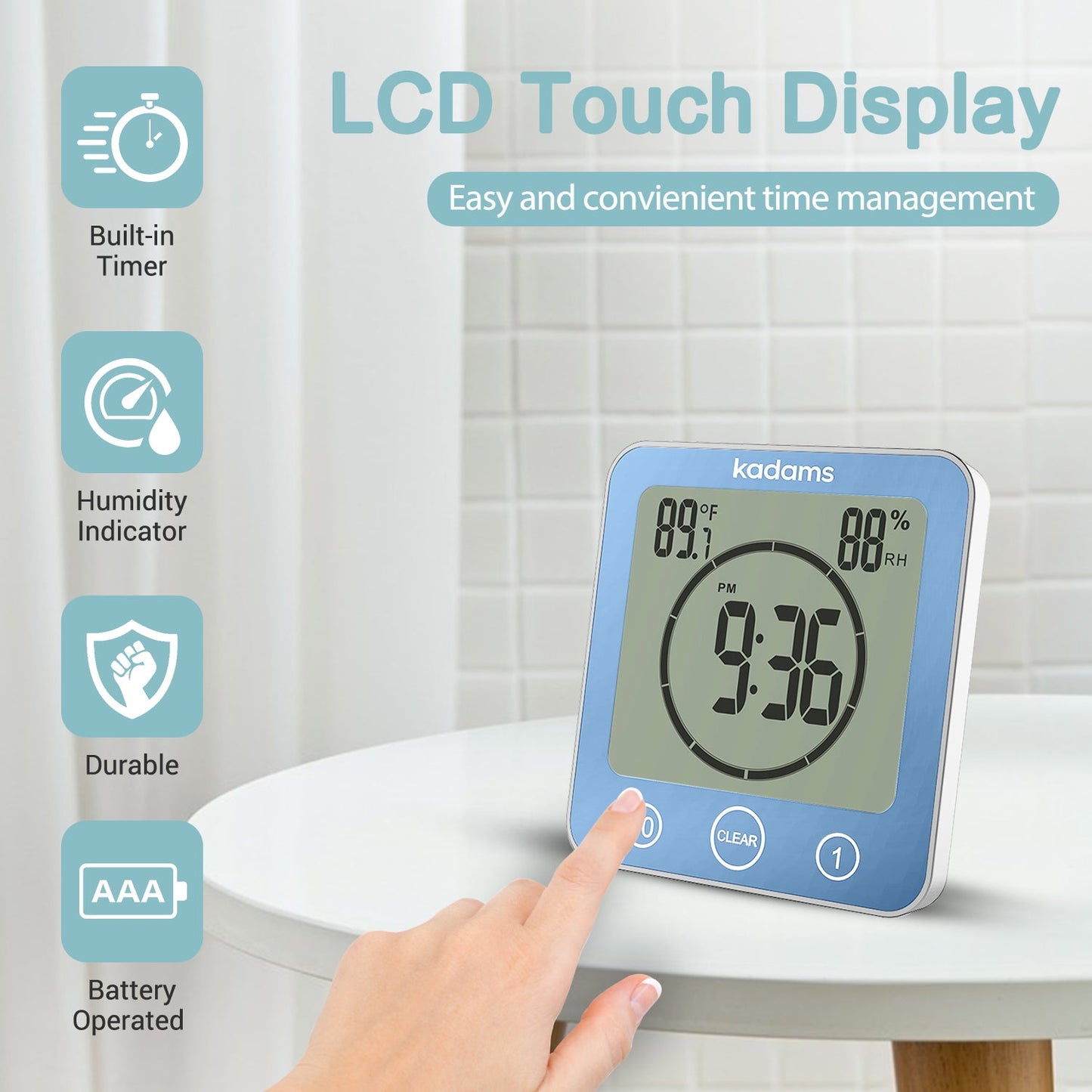 KADAMS Digital Bathroom Shower Kitchen Clock Timer with Alarm, Waterproof for Water Splashes, Visual Countdown Timer, Time Management Tool, Indoor Temperature Humidity, Suction Cup, Hole Stand - Blue