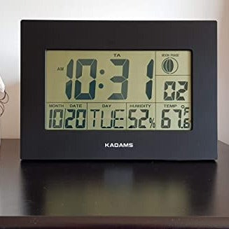 KADAMS Wall Clock Calendar- Dual Alarm with Snooze - Moon Phase (Black)