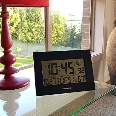 KADAMS Wall Clock Calendar- Dual Alarm with Snooze - Moon Phase (Black)