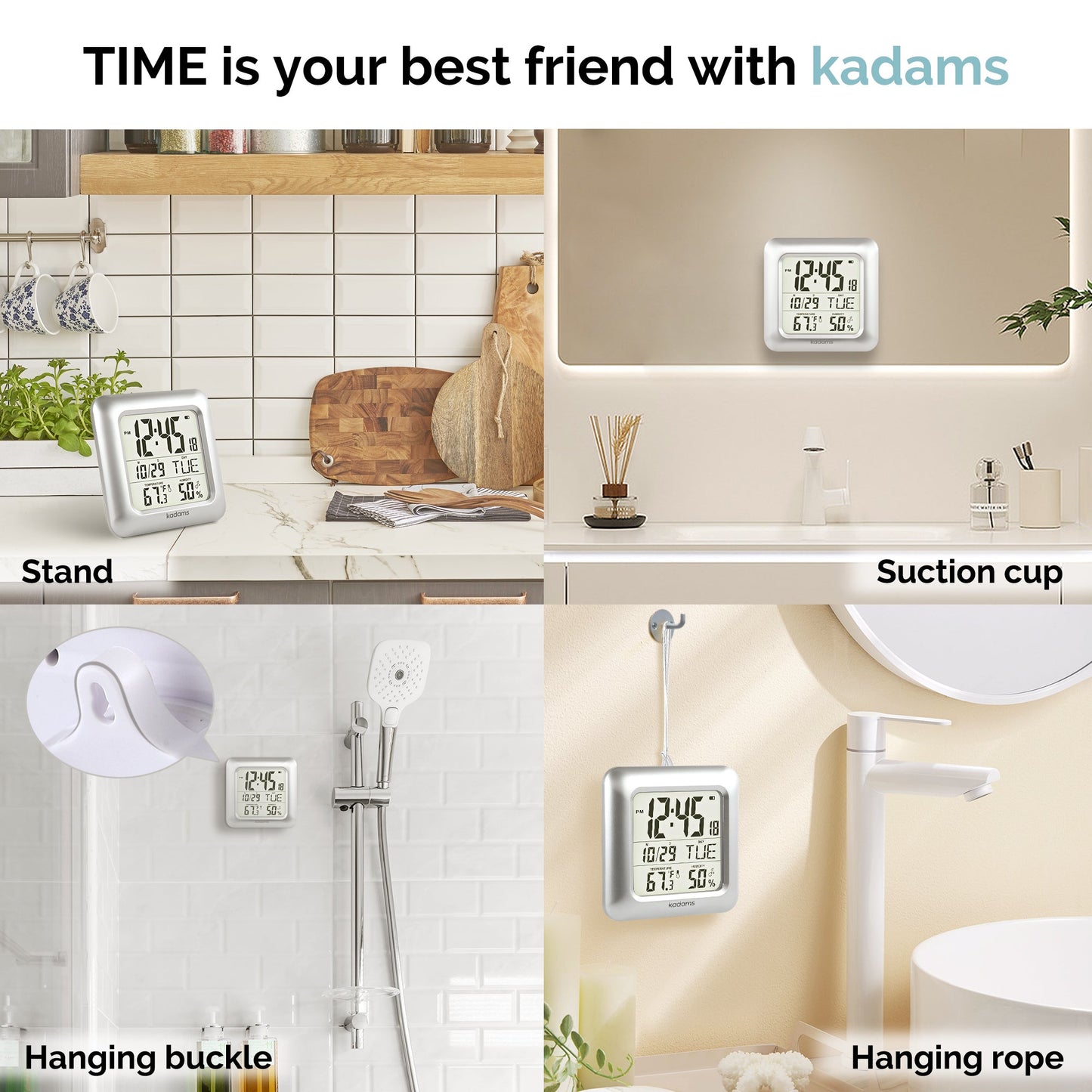 Bathroom Clock - Water Resistant,Temperature & Humidity Calendar