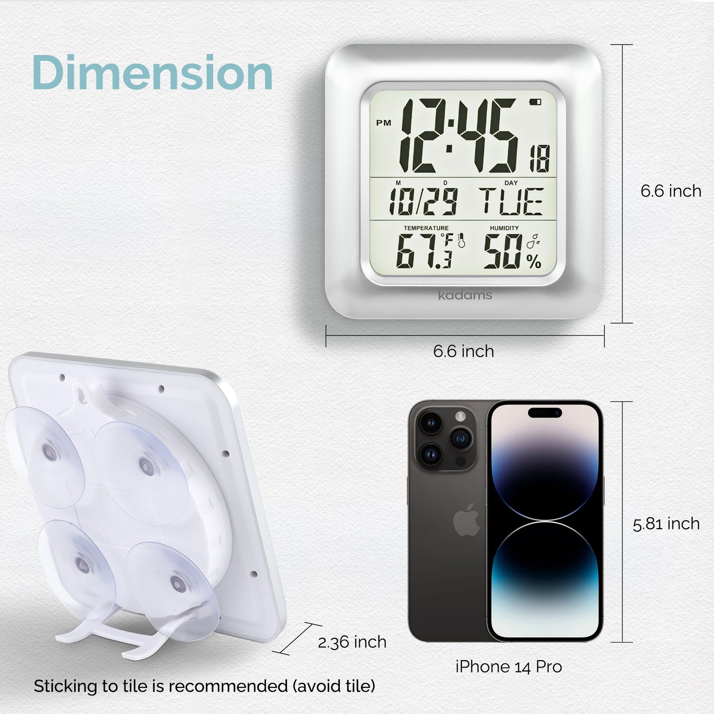 Bathroom Clock - Water Resistant,Temperature & Humidity Calendar