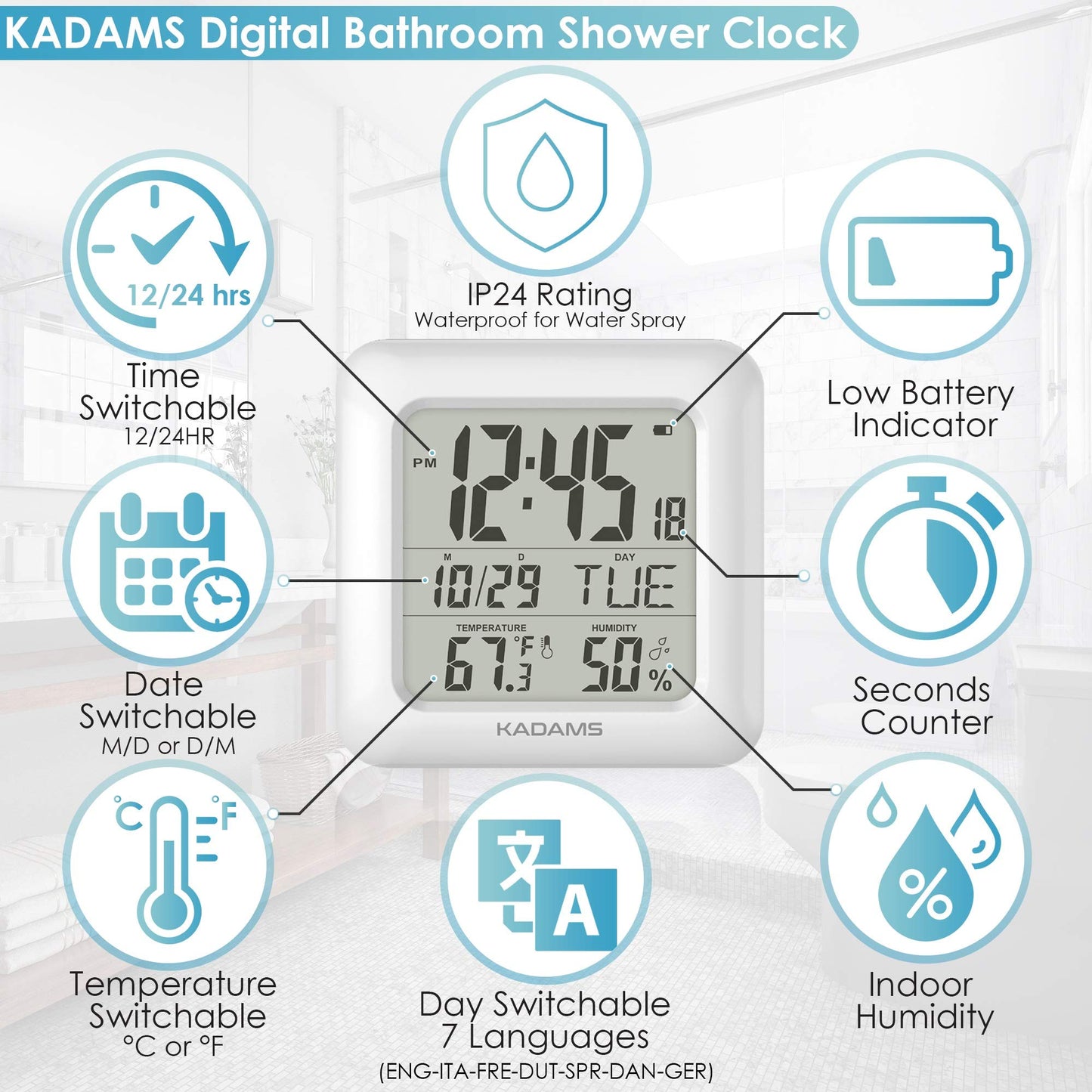 Kadams Bathroom Digital Clock with Large LCD Screen - Shower Wall Clock with Timer - Water Resistant - Temperature & Humidity Display - Calendar Display - 4 Mounting Options (White)