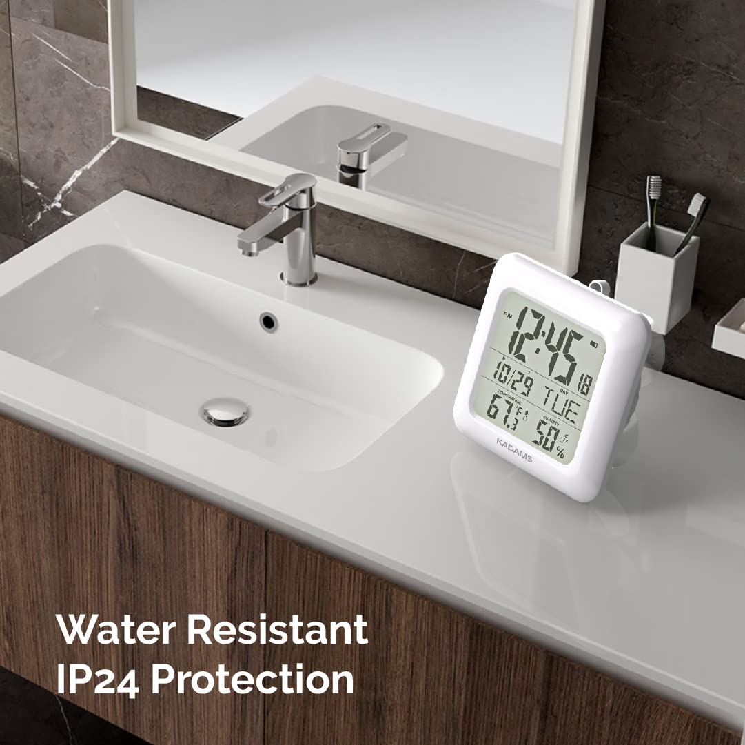 Kadams Bathroom Digital Clock with Large LCD Screen - Shower Wall Clock with Timer - Water Resistant - Temperature & Humidity Display - Calendar Display - 4 Mounting Options (White)