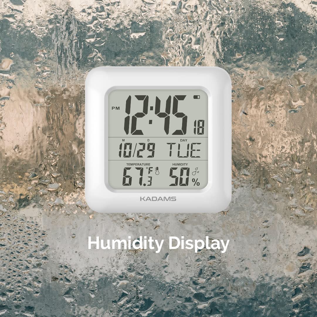 Kadams Bathroom Digital Clock with Large LCD Screen - Shower Wall Clock with Timer - Water Resistant - Temperature & Humidity Display - Calendar Display - 4 Mounting Options (White)