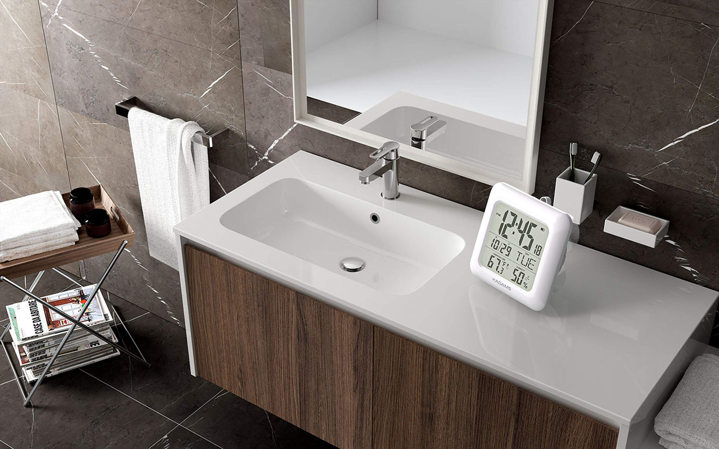 Kadams Bathroom Digital Clock with Large LCD Screen - Shower Wall Clock with Timer - Water Resistant - Temperature & Humidity Display - Calendar Display - 4 Mounting Options (White)