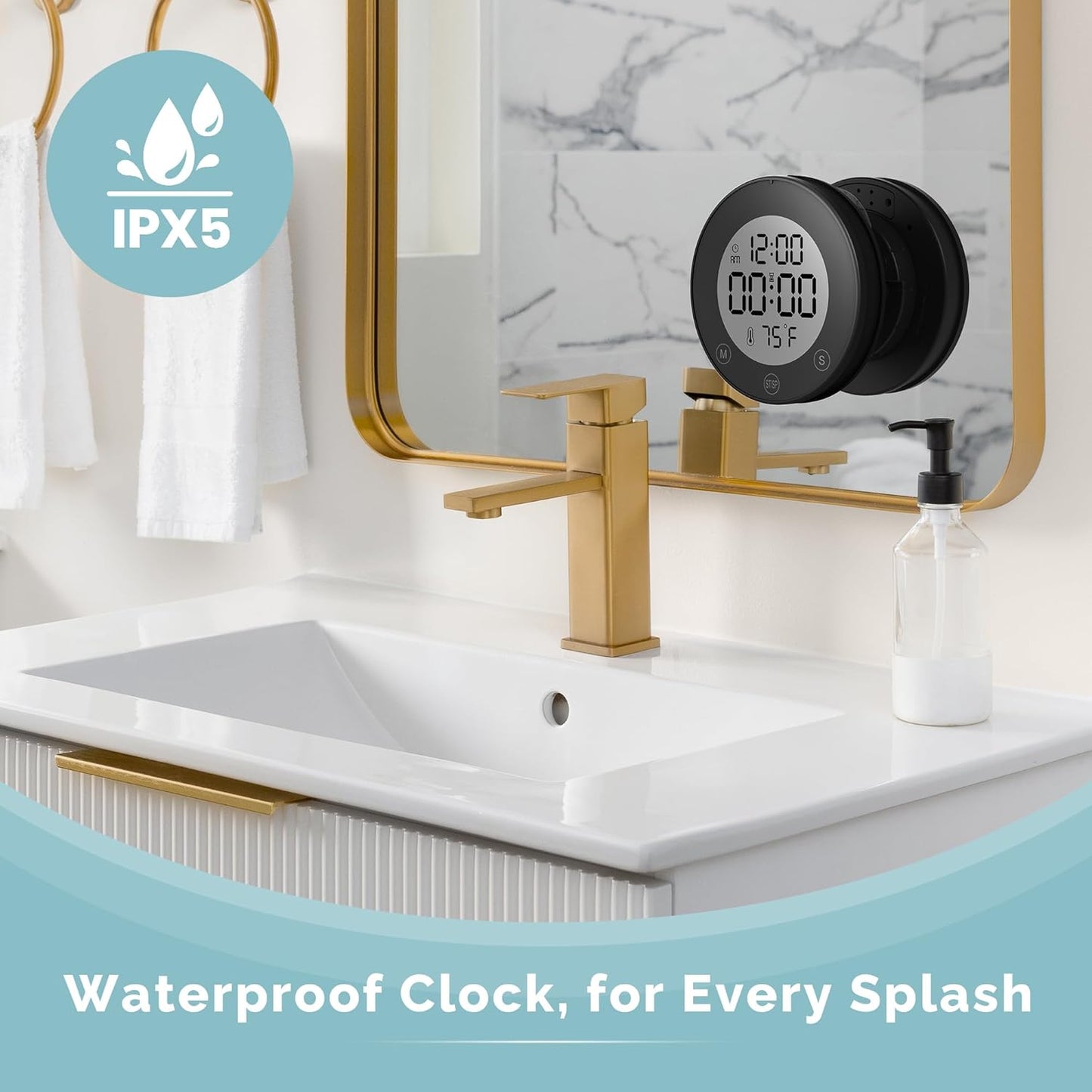 Waterproof Shower Timer Clock with Temperature – Digital Countdown & Count-Up Timer for Bathroom, Kitchen & Daily Routines (Black)