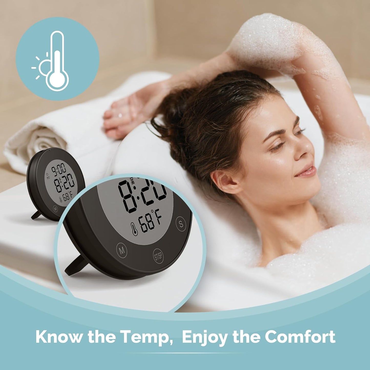 Waterproof Shower Timer Clock with Temperature – Digital Countdown & Count-Up Timer for Bathroom, Kitchen & Daily Routines (Black)