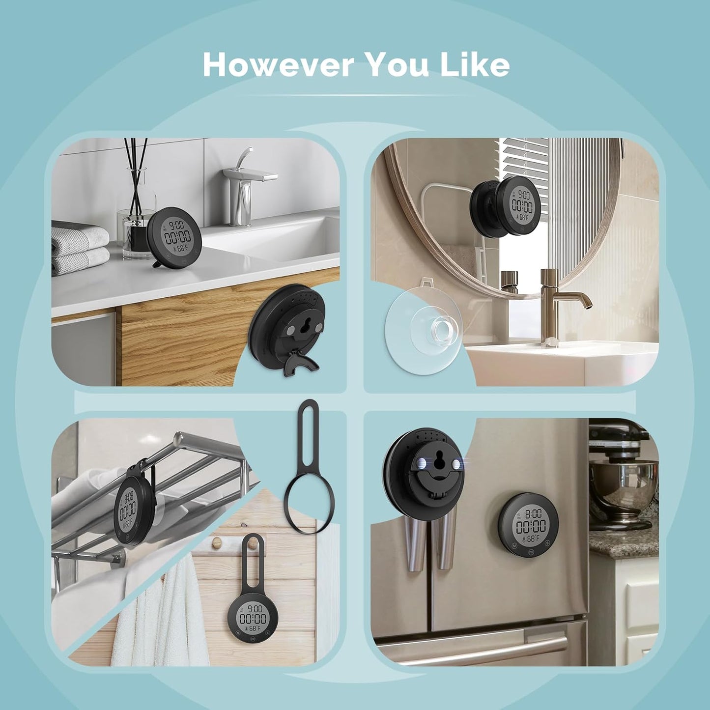 Waterproof Shower Timer Clock with Temperature – Digital Countdown & Count-Up Timer for Bathroom, Kitchen & Daily Routines (Black)