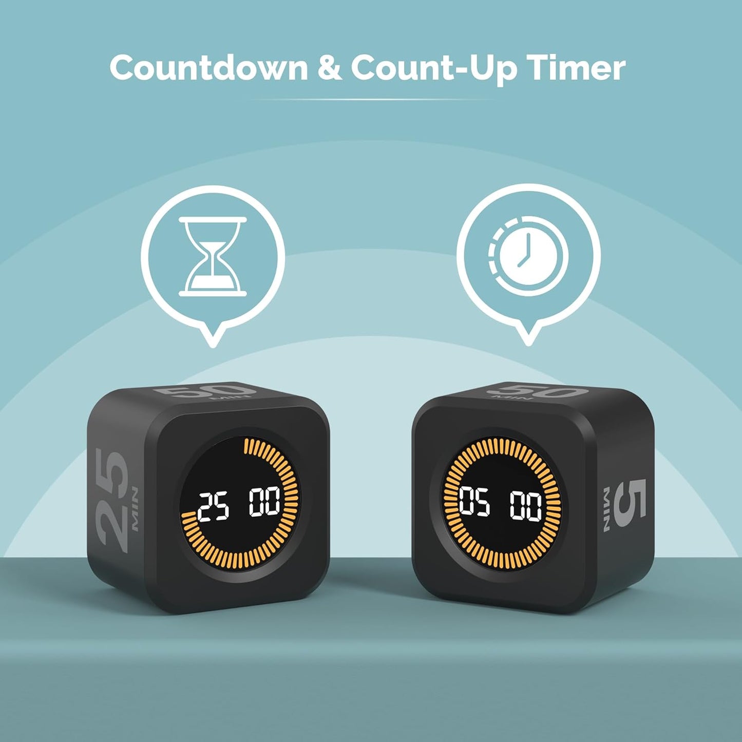 Pomodoro Cube Timer with LED Visual Ring – 5/10/25/50 Min Productivity Timer for Focus, Work & Study (Black)