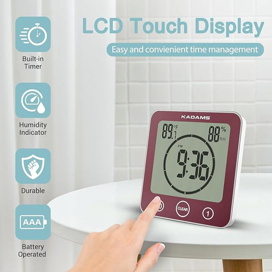 KADAMS Digital Bathroom Shower Kitchen Wall Clock Timer with Alarm, Waterproof for Water Spray, Touch Screen Timer, Temperature Humidity, Suction Cup Hanging Hole Stand - Terra Rose