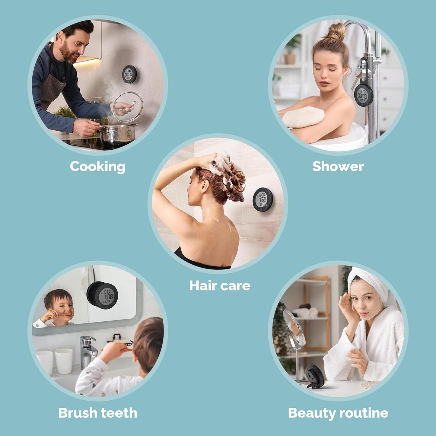 Waterproof Shower Timer Clock with Temperature – Digital Countdown & Count-Up Timer for Bathroom, Kitchen & Daily Routines (Black)