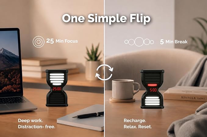 Pomodoro Timer for Productivity, Visual Countdown with Light Flow, Flip Timer 25/5 min, Custom Countdown Count-up, USB-C Rechargeable, Silent Study for Kids Students ADHD Gift Work Classroom Office