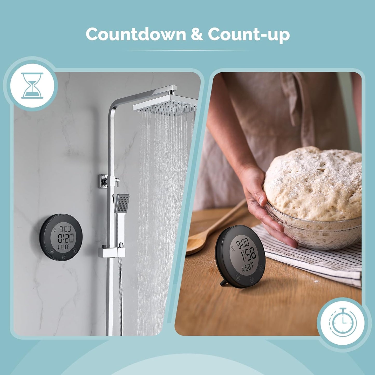 Waterproof Shower Timer Clock with Temperature – Digital Countdown & Count-Up Timer for Bathroom, Kitchen & Daily Routines (Black)