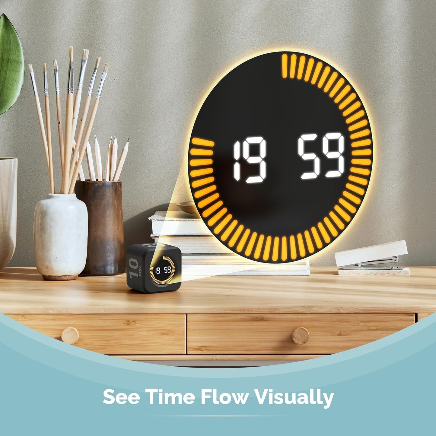 Pomodoro Cube Timer with LED Visual Ring – 5/10/25/50 Min Productivity Timer for Focus, Work & Study (Black)