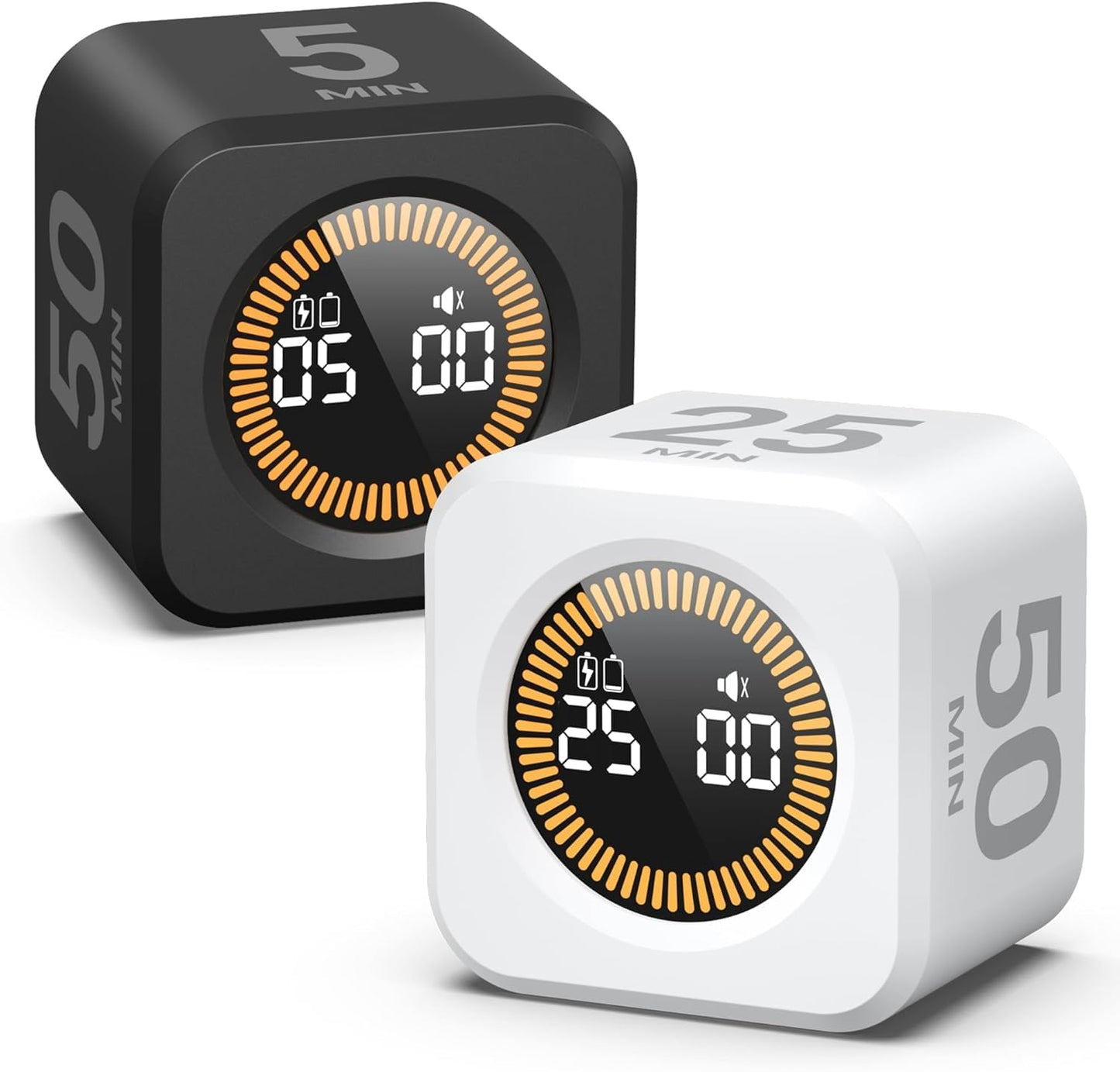 Pomodoro Cube Timer 2-Pack (Black & White) – LED Visual Countdown Timer for Work, Study & Focus (5/10/25/50 Min)
