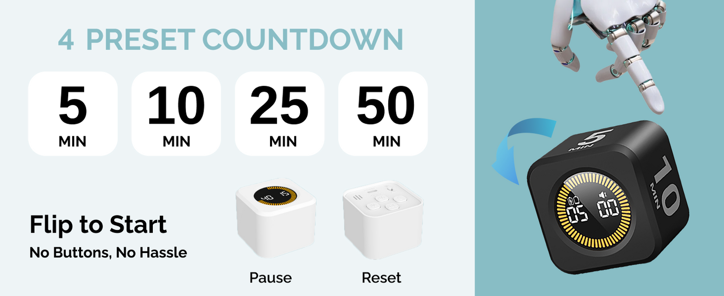 Pomodoro Cube Timer with LED Visual Ring – 5/10/25/50 Min Productivity Timer for Focus, Work & Study (Black)