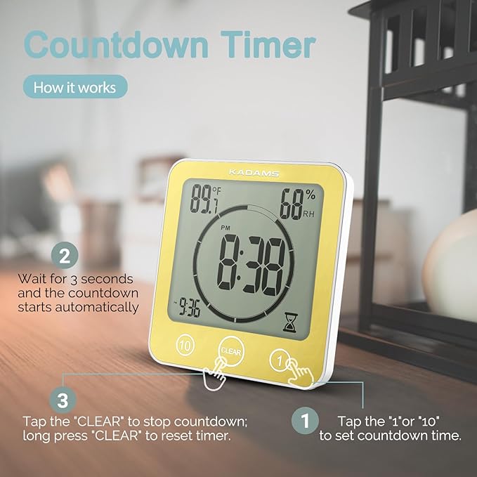 KADAMS Digital Bathroom Shower Kitchen Wall Clock Timer with Alarm, Waterproof for Water Spray, Touch Screen Timer, Temperature Humidity, Suction Cup Hanging Hole Stand - Yellow