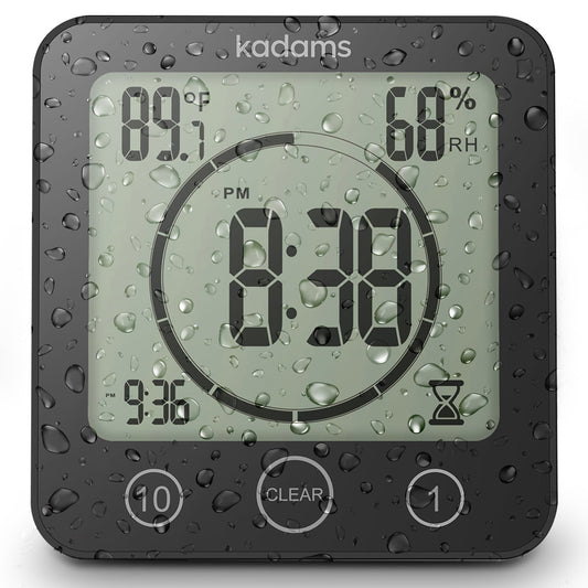 KADAMS Digital Bathroom Shower Kitchen Wall Clock Timer with Alarm, Waterproof for Water Spray, Touch Screen Timer, Temperature Humidity, Suction Cup Hanging Hole Stand (Black)