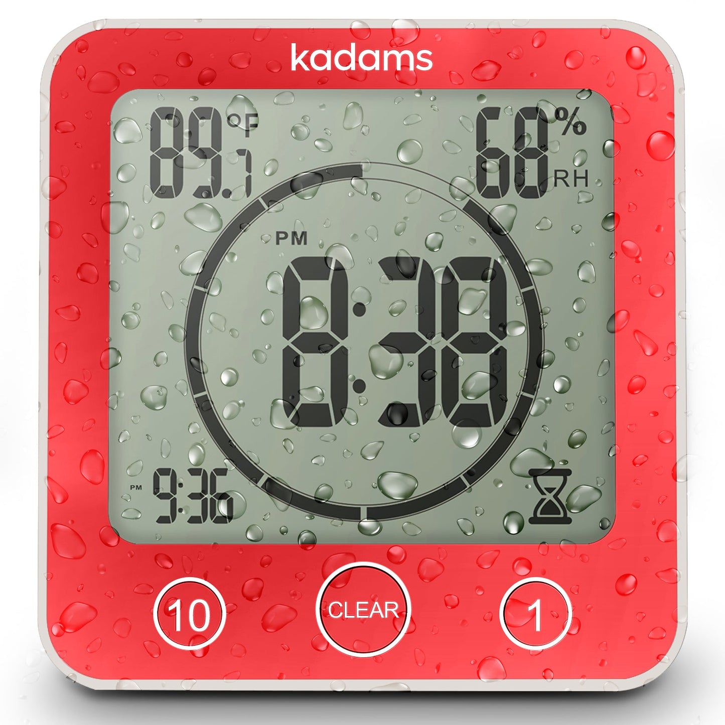 KADAMS Digital Bathroom Shower Kitchen Clock Timer with Alarm, Waterproof for Water Splashes, Visual Countdown Timer, Time Management Tool, Indoor Temperature Humidity, Suction Cup, Hole Stand - Red