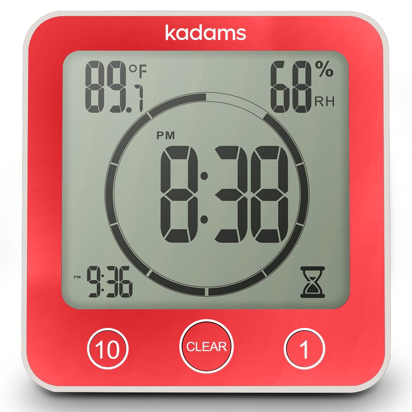 KADAMS Digital Bathroom Shower Kitchen Clock Timer with Alarm, Waterproof for Water Splashes, Visual Countdown Timer, Time Management Tool, Indoor Temperature Humidity, Suction Cup, Hole Stand - Red