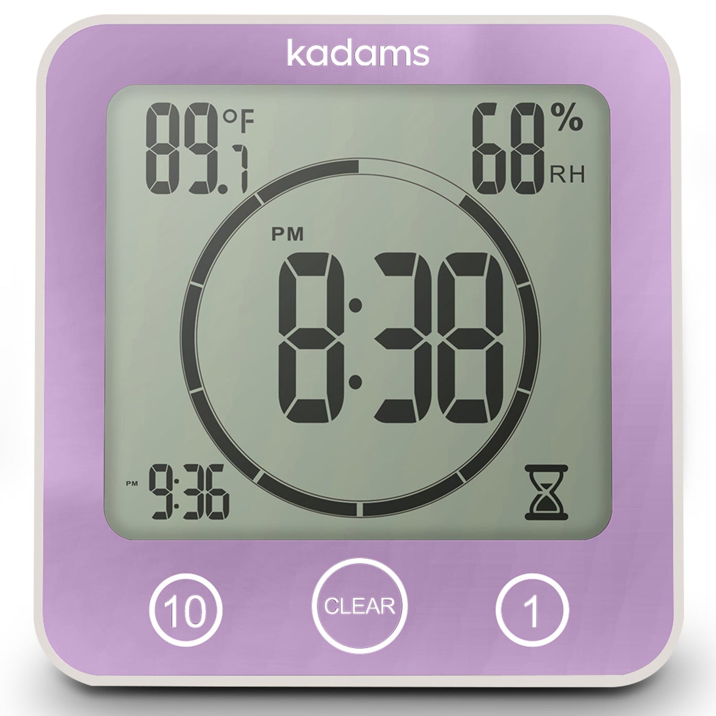 KADAMS Digital Bathroom Shower Kitchen Clock Timer with Alarm, Waterproof for Water Splashes, Visual Countdown Timer, Time Management Tool, Indoor Temperature Humidity, Suction Cup Hole Stand - Purple