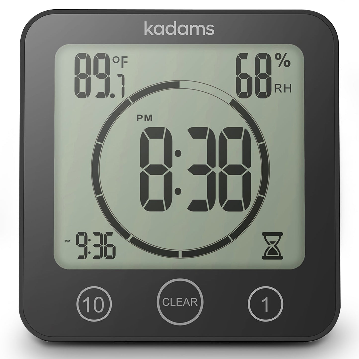 KADAMS Digital Bathroom Shower Kitchen Wall Clock Timer with Alarm, Waterproof for Water Spray, Touch Screen Timer, Temperature Humidity, Suction Cup Hanging Hole Stand (Black)