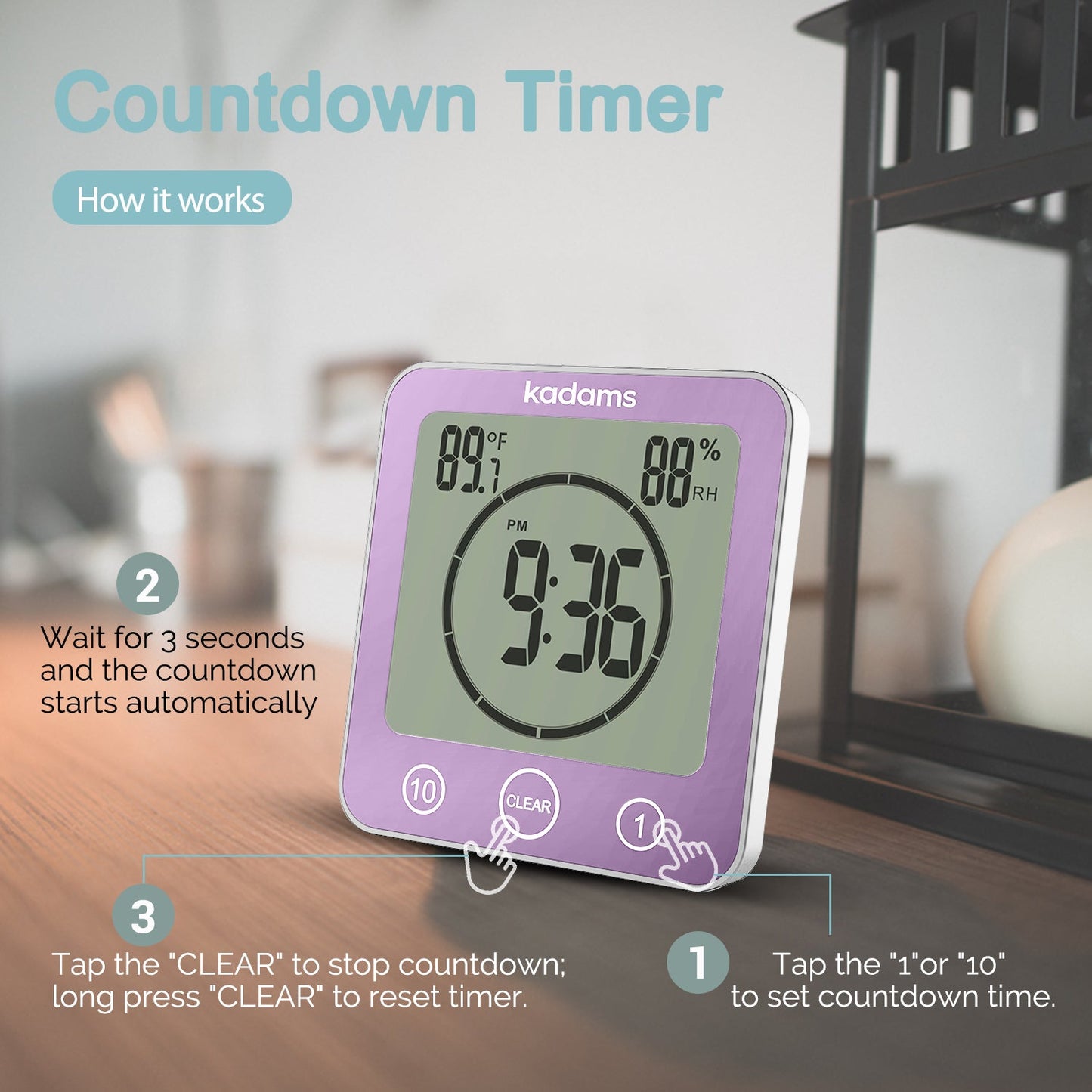 KADAMS Digital Bathroom Shower Kitchen Clock Timer with Alarm, Waterproof for Water Splashes, Visual Countdown Timer, Time Management Tool, Indoor Temperature Humidity, Suction Cup Hole Stand - Purple