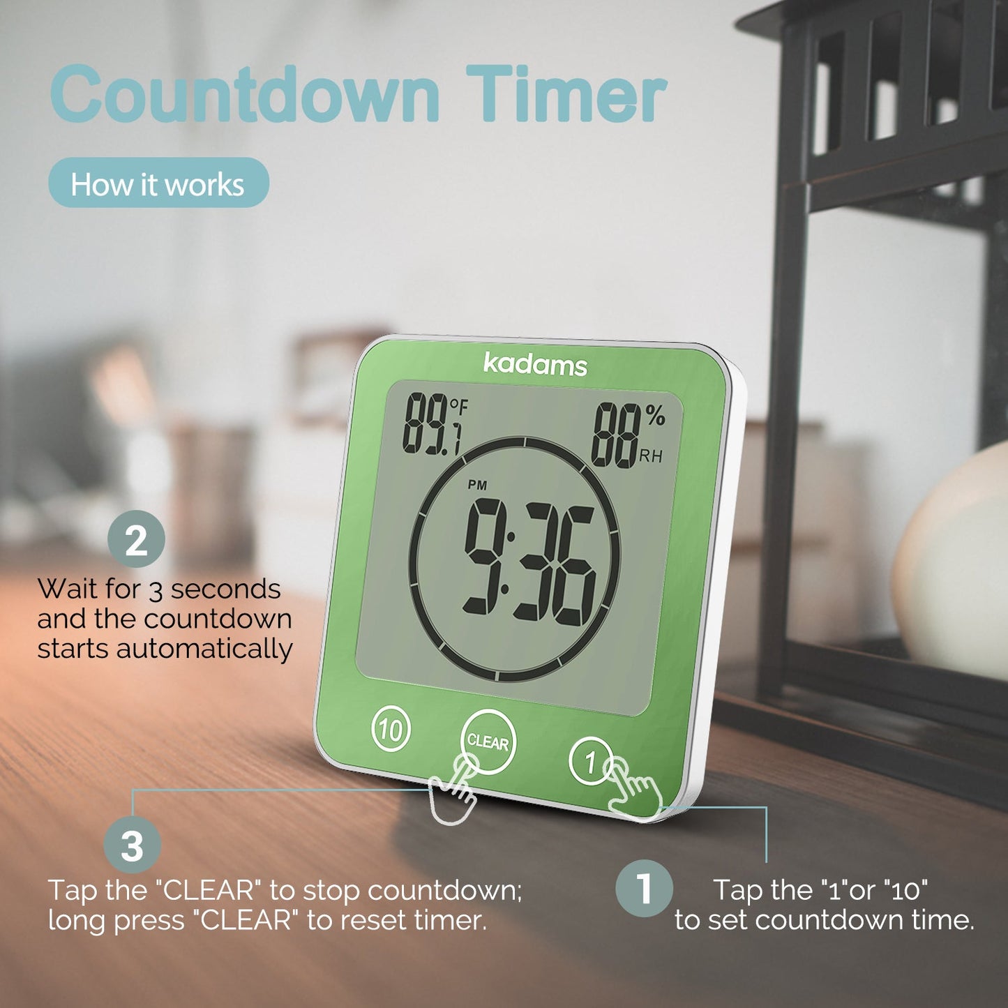KADAMS Digital Bathroom Shower Kitchen Clock Timer with Alarm, Waterproof for Water Splashes, Visual Countdown Timer, Time Management Tool, Indoor Temperature Humidity, Suction Cup, Hole Stand - Green