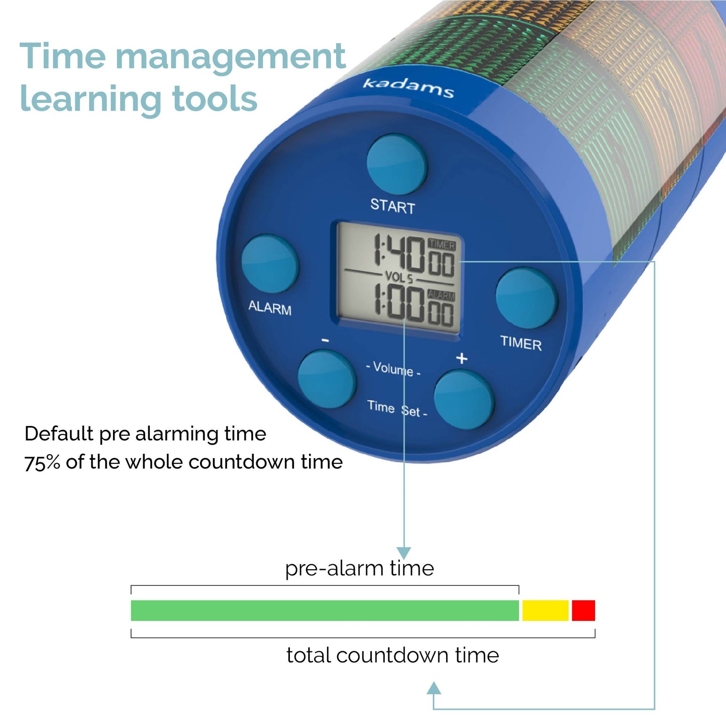 KADAMS Time Tracker Visual Timer with Audio Alarm Pause Function, 24hr Countdown Clock, Volume Control, Stoplight Traffic Light, No Loud Ticking, Time Management Tool for Classroom Teacher Kids Adults