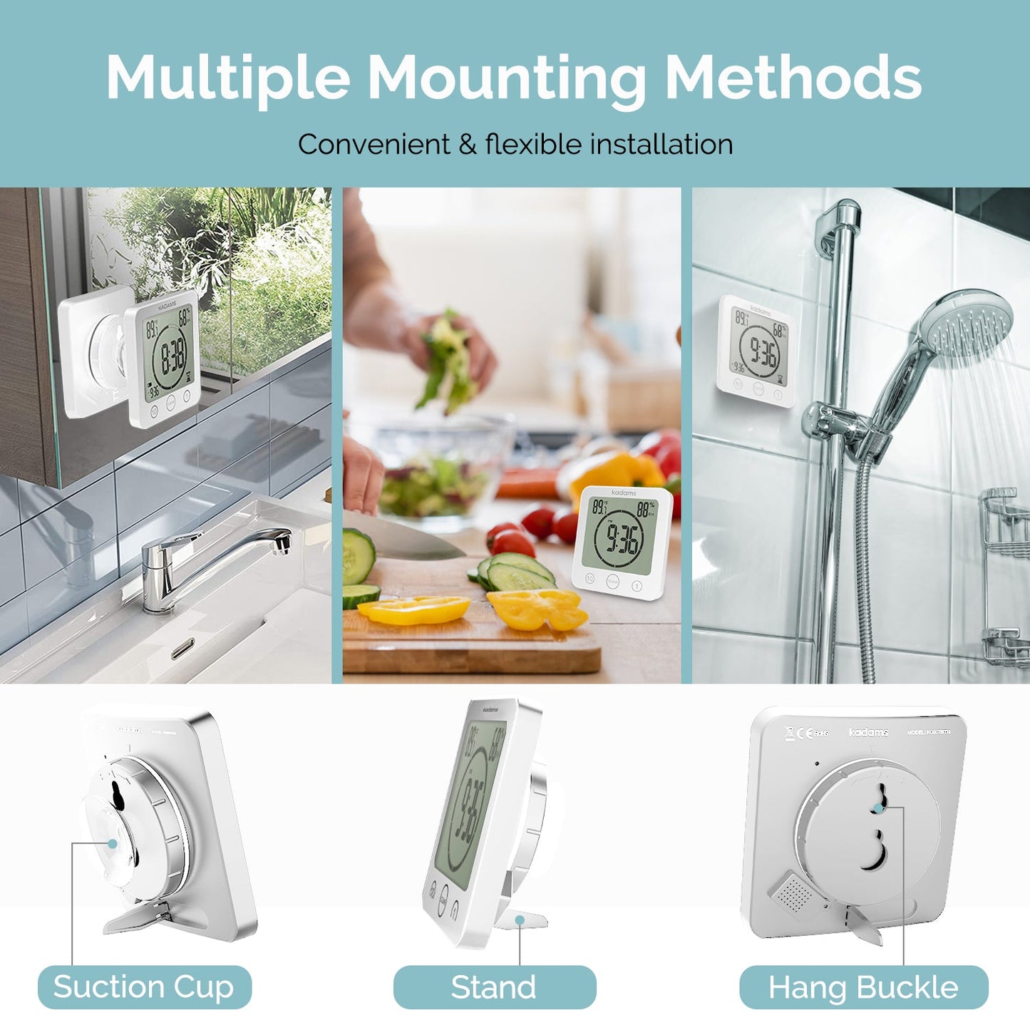 Digital Bathroom Shower Kitchen Clock Timer, Waterproof for Water Splashes - White