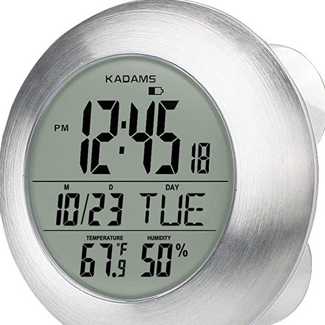 Kadams Bathroom Shower Digital Wall Clock - Kitchen Clock - Water Resistant Timer - Seconds Counter - Temperature & Humidity Display - Wall Calendar - Multiple Mounting Options (Silver)